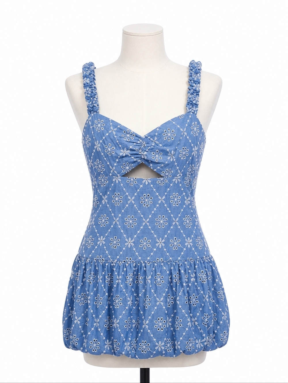 Zara NWT Blue Embroidered Cutout Bubble Hem Mini Dress Sz L Summer Vacation